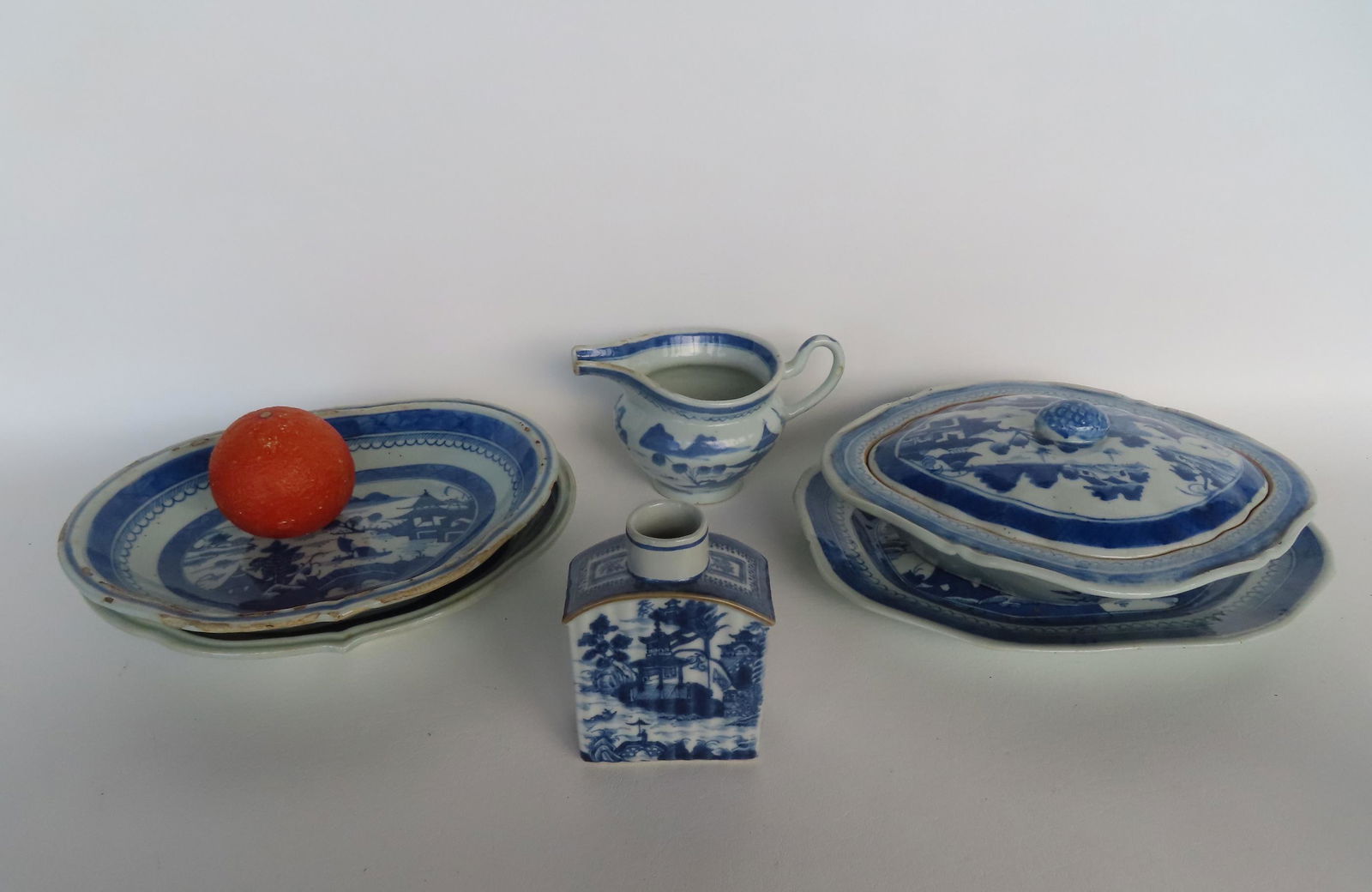 Six pieces of Canton china including: Covered serving dish with shaped sides - 10 3/4"W x 8 7/8"D x (1 of 16)