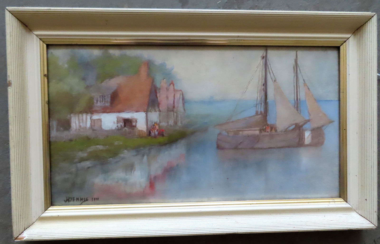 Mixed media, fishing boats by cottages, signed J.H. Dennis (James Hogarth Dennis, NY 1839-1914) and (1 of 5)