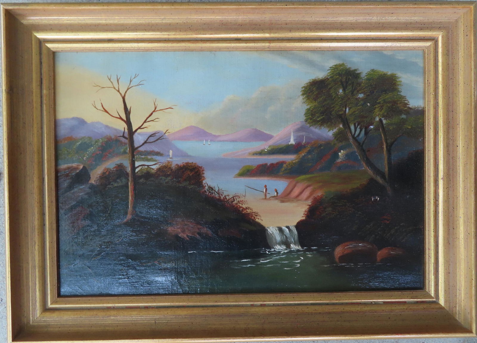 A primitive O/C Landscape with lake, sailboats, and men fishing near waterfall, probably NY State, (1 of 3)