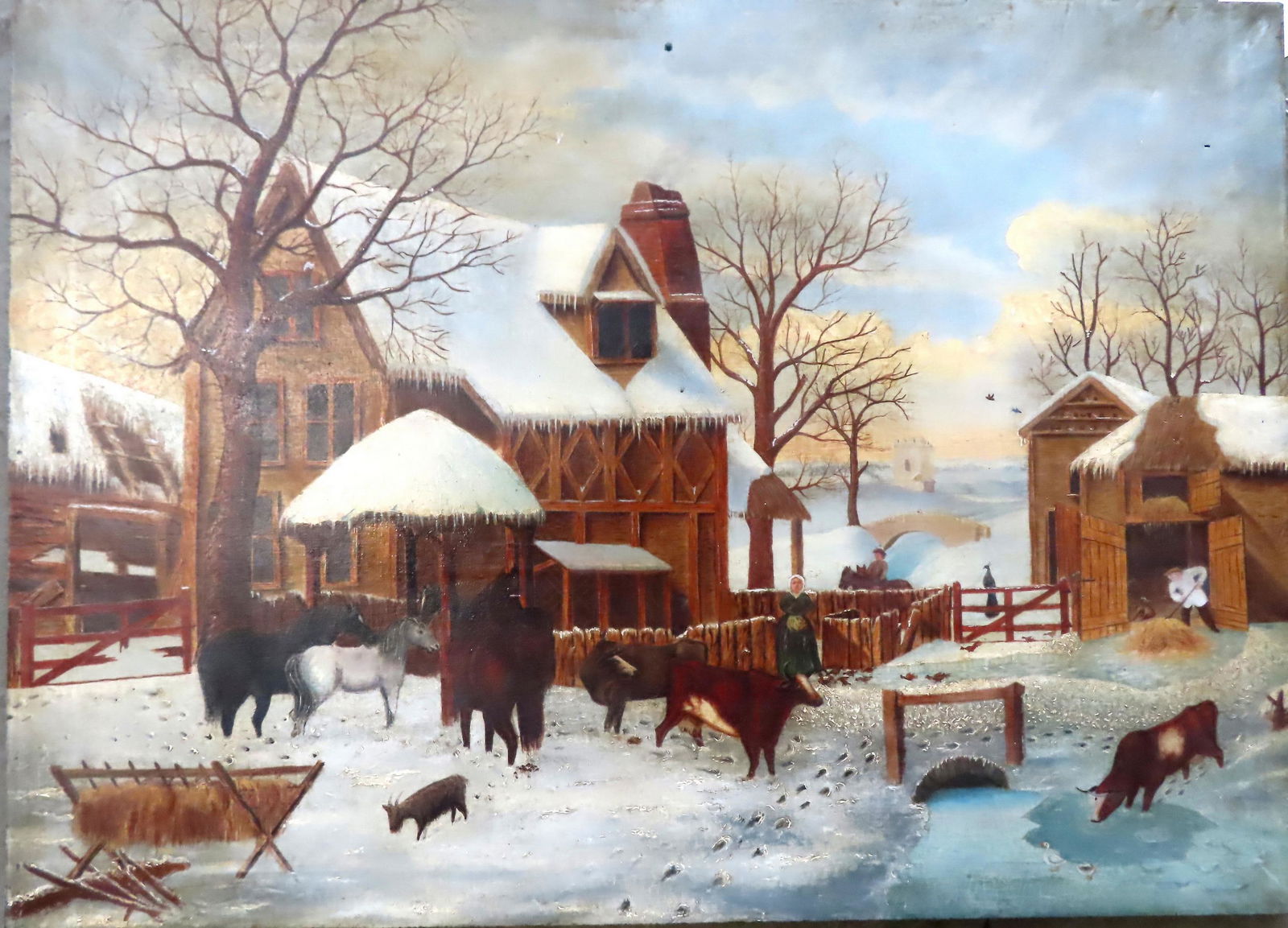 O/C Folk art winter barnyard genre scene depicting thatch roof farmhouse,  barn, farmer , dog, cows, (1 of 5)