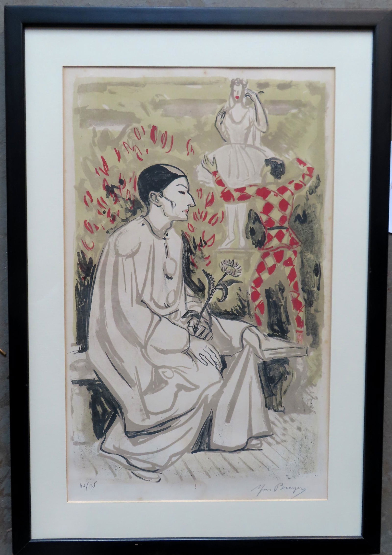 Yves Brayer, French 1907-1990. A modernistic lithograph of jester holding flower - another jester: Yves Brayer, French 1907-1990. A modernistic lithograph of jester holding flower - another jester and ballerina in background. Pencil signed by Brayer and in limited edition 45/175. Professionally fra
