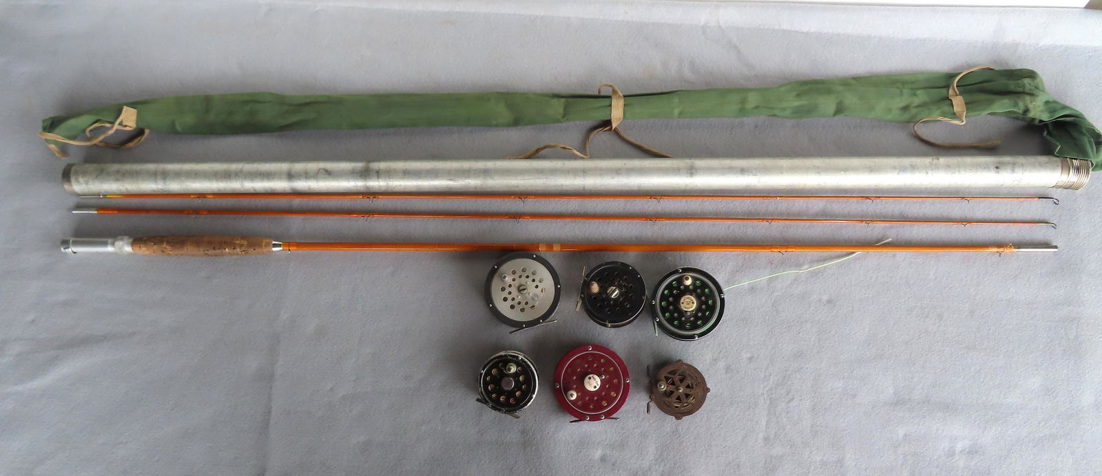 A split bamboo fly rod, 2 section with extra tip, signed "Emery Jeffrey", together with 6 vintage (1 of 10)