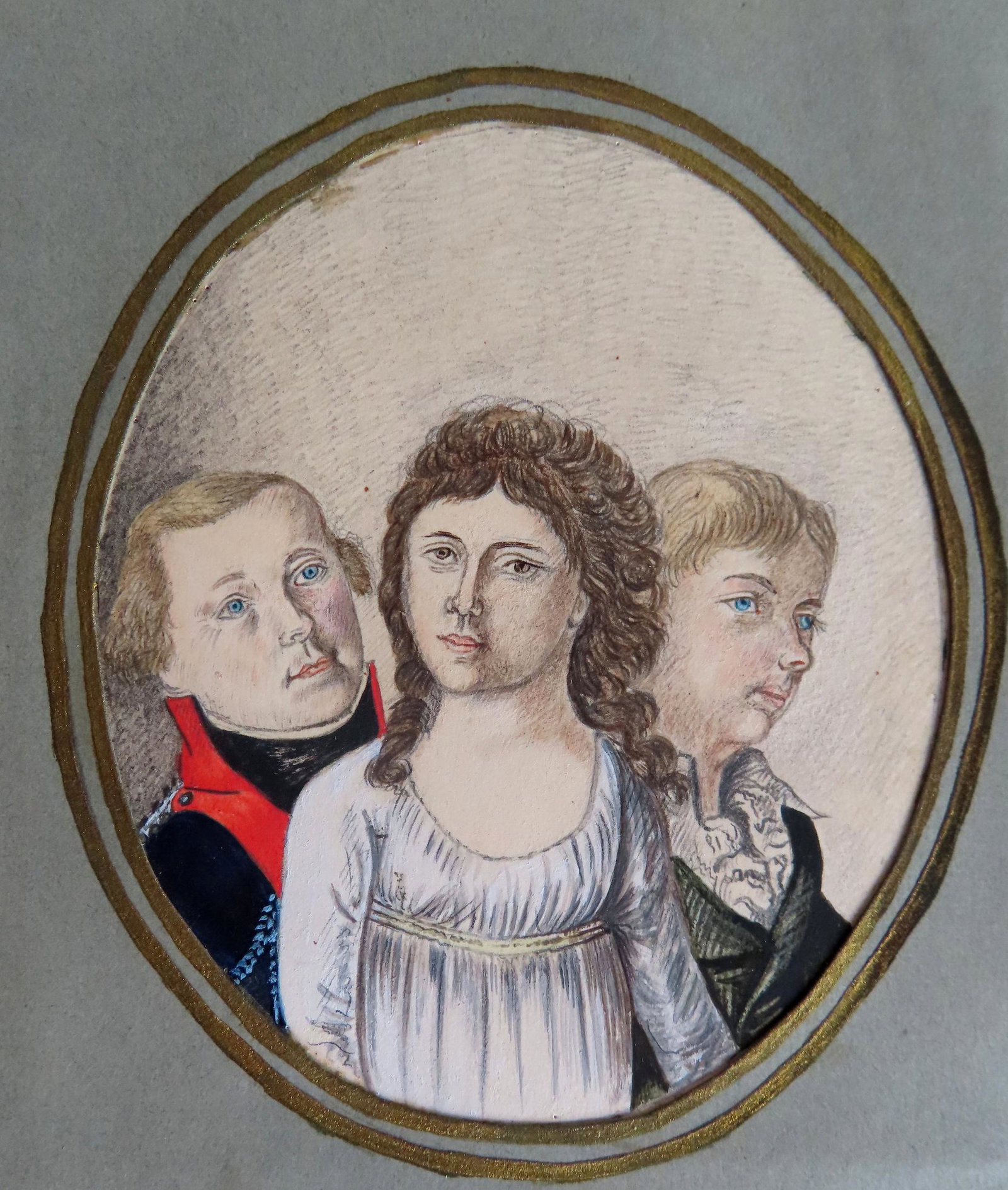 German W/C Portrait of lady and 2 gents with hand written German pencil inscription on reverse date: German W/C Portrait of lady and 2 gents with hand written German pencil inscription on reverse date 1892. The lemon gold frame appears to be earlier than the signed date, circa 1830-50. Both the frame