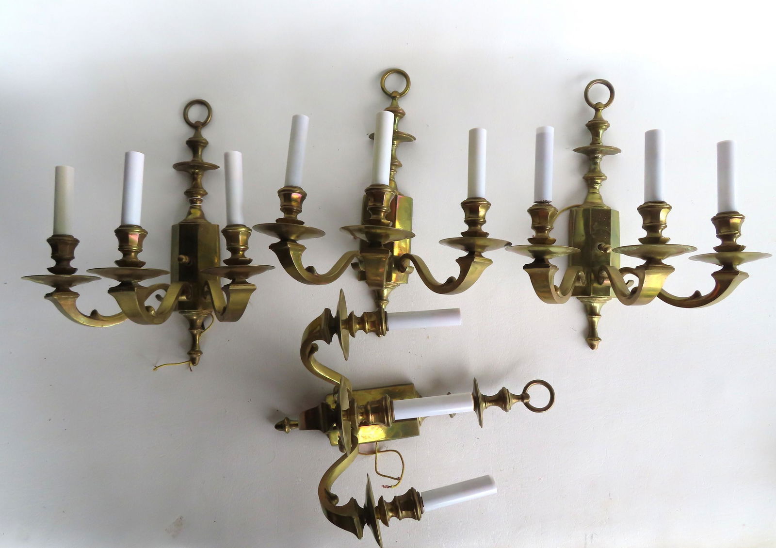 A matched set of 4 brass  American classical wall sconces, each 3 light, circa 1950 - all in very (1 of 8)