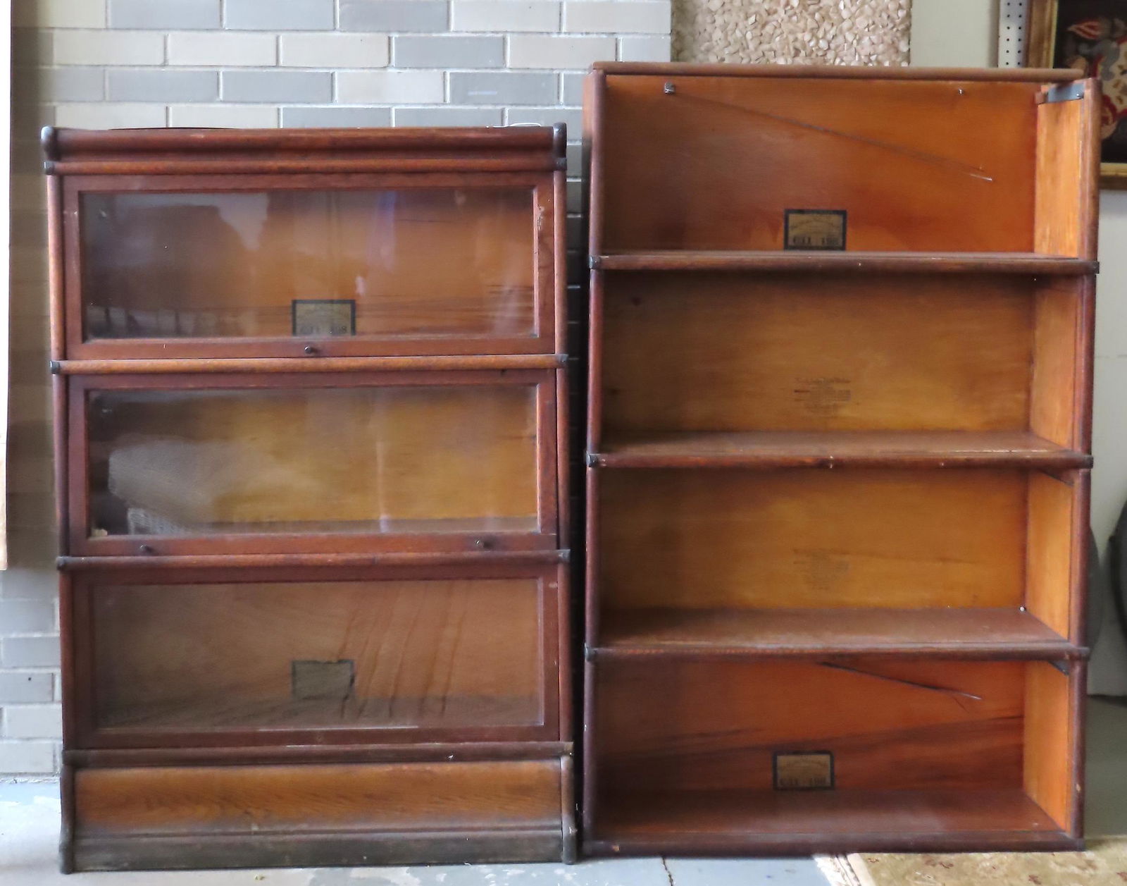 Two Globe Wernicke oak stacking bookcases. The first, 3 section, complete - some surface scratches, (1 of 13)