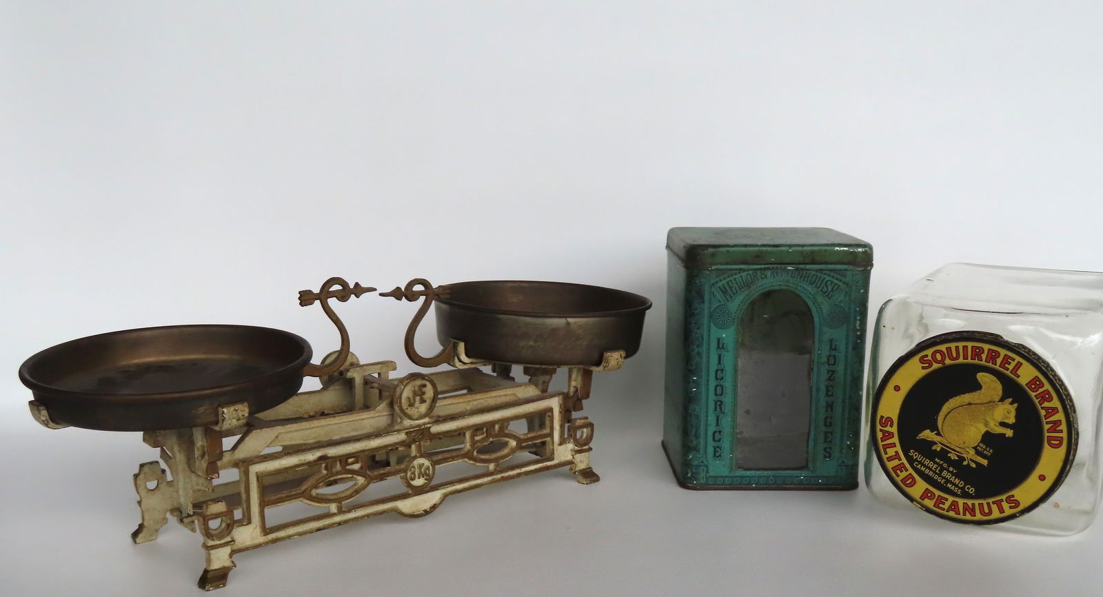 Three country collectibles including: A country store balance scale in original white paint with (1 of 5)