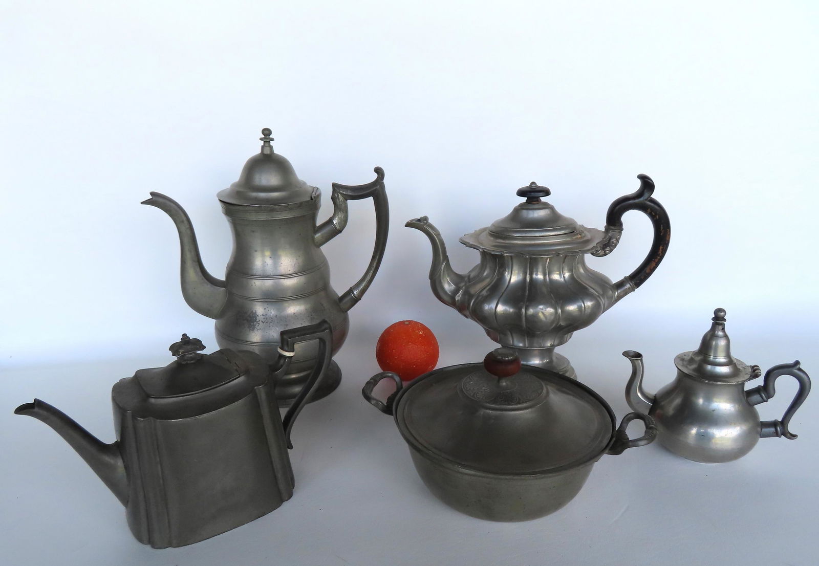 A grouping of 5 pieces of early pewter including: Teapot signed James Dixon & Sons - very good (1 of 7)