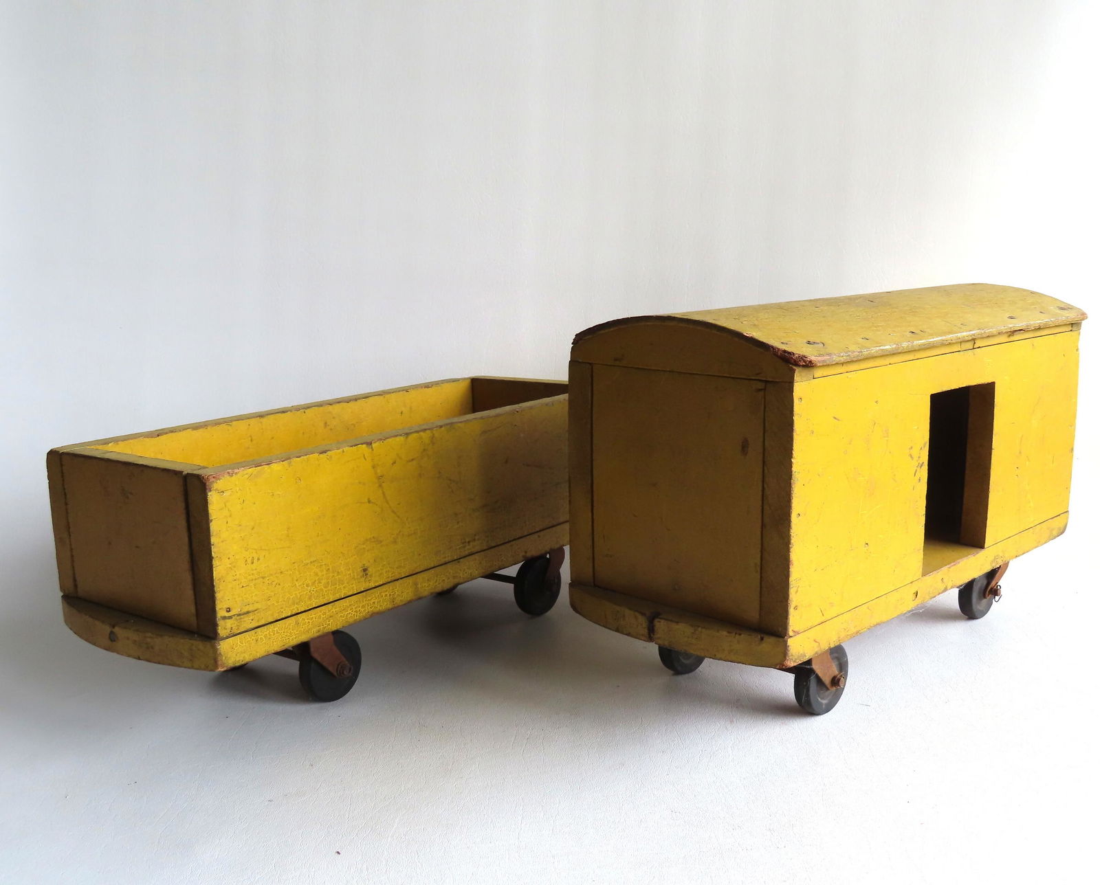 Two hand made toy train cars in original yellow paint, early to mid 20th century, very good (1 of 7)