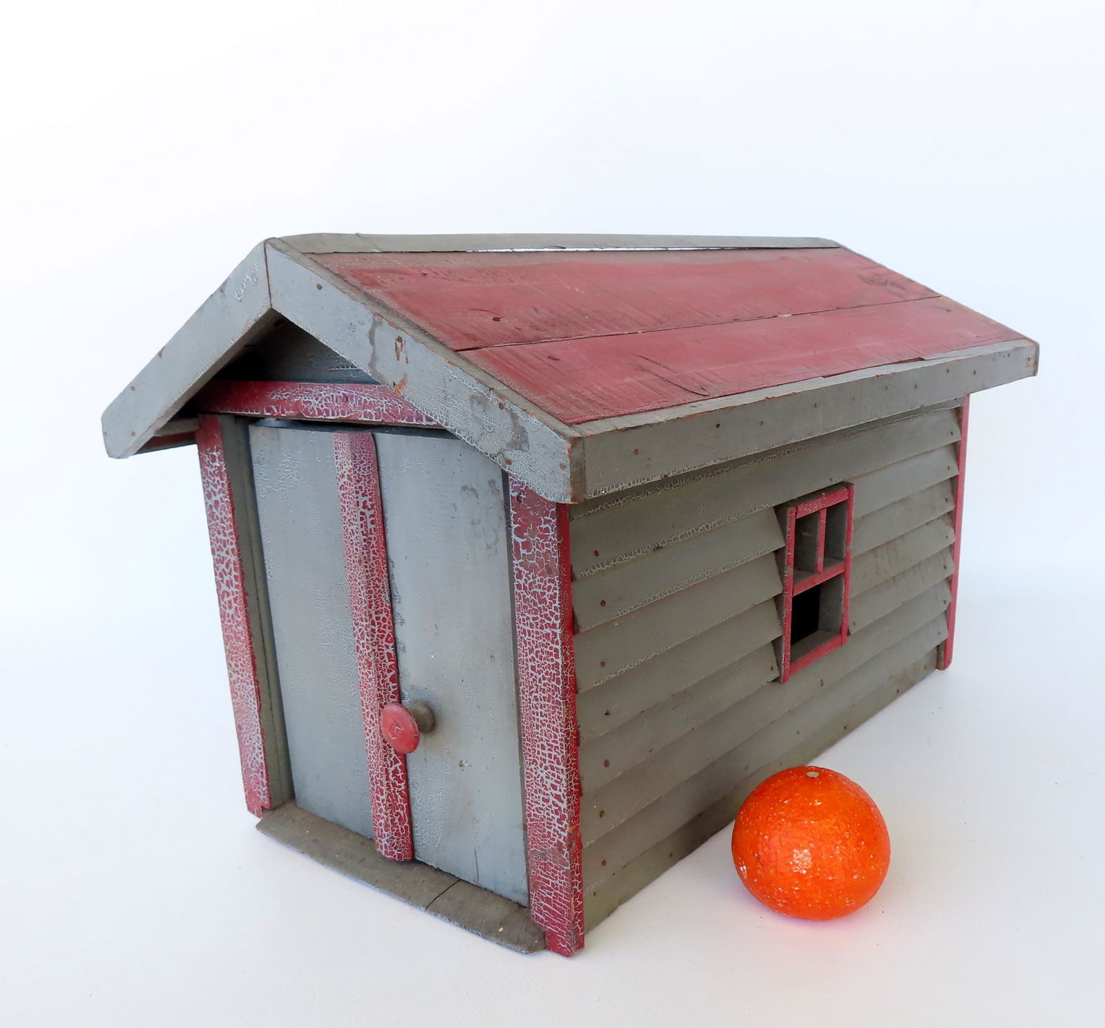 A custom made barn model with 2 doors and 2 windows in original gray and red paint, late 19th to (1 of 7)