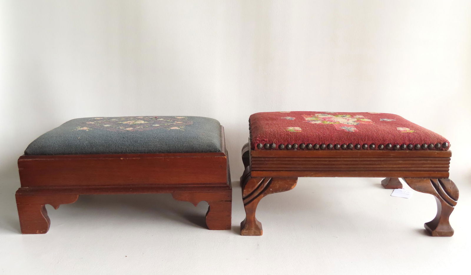 Two needlepoint foot stools, one with bracket base with repairs to legs - mid 19th century,  and the (1 of 5)