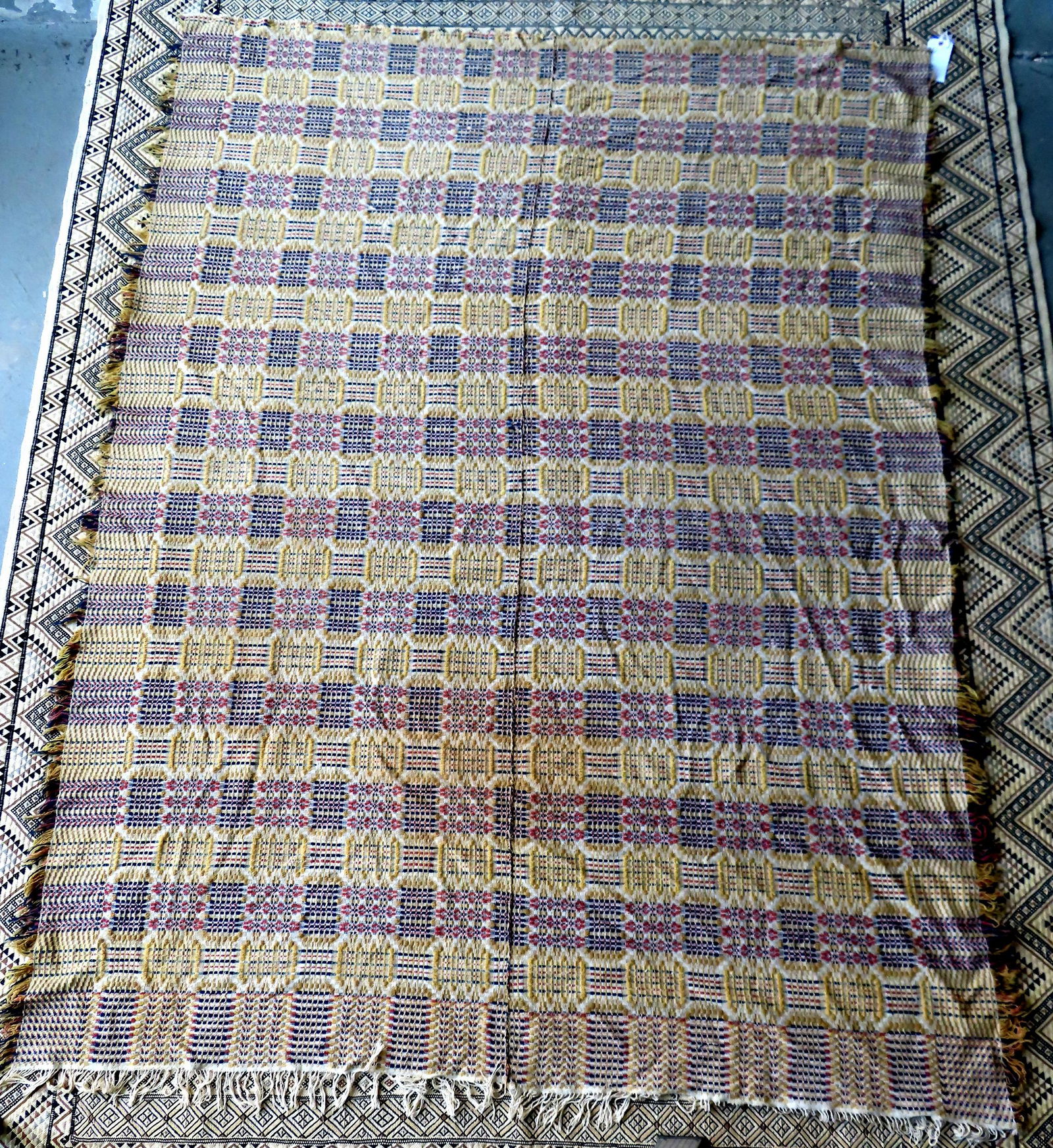 A fine floral and geometric tri-color wool coverlet with center seam and fringe on 3 sides, good (1 of 7)