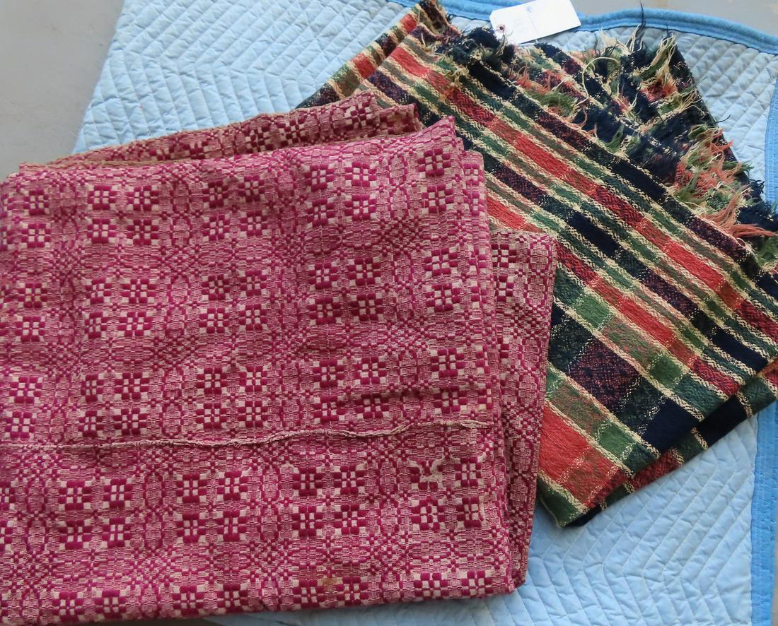 Two homespun geometric wool coverlets including: A multi colored plaid blanket with center seam - (1 of 14)