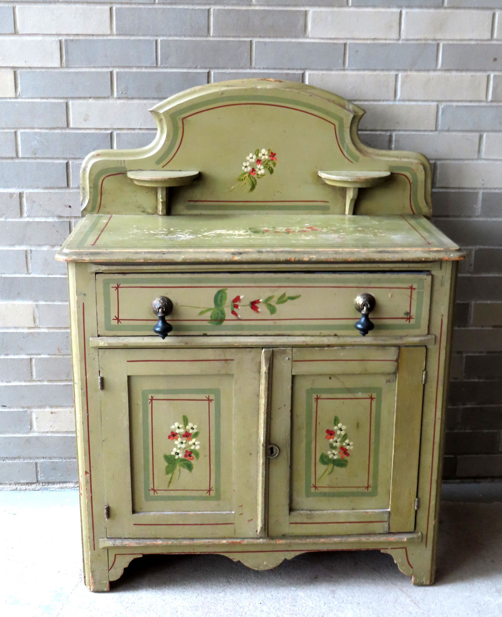 A cottage pine washstand with candle holders and backsplash in original paint, late 19th century. (1 of 2)