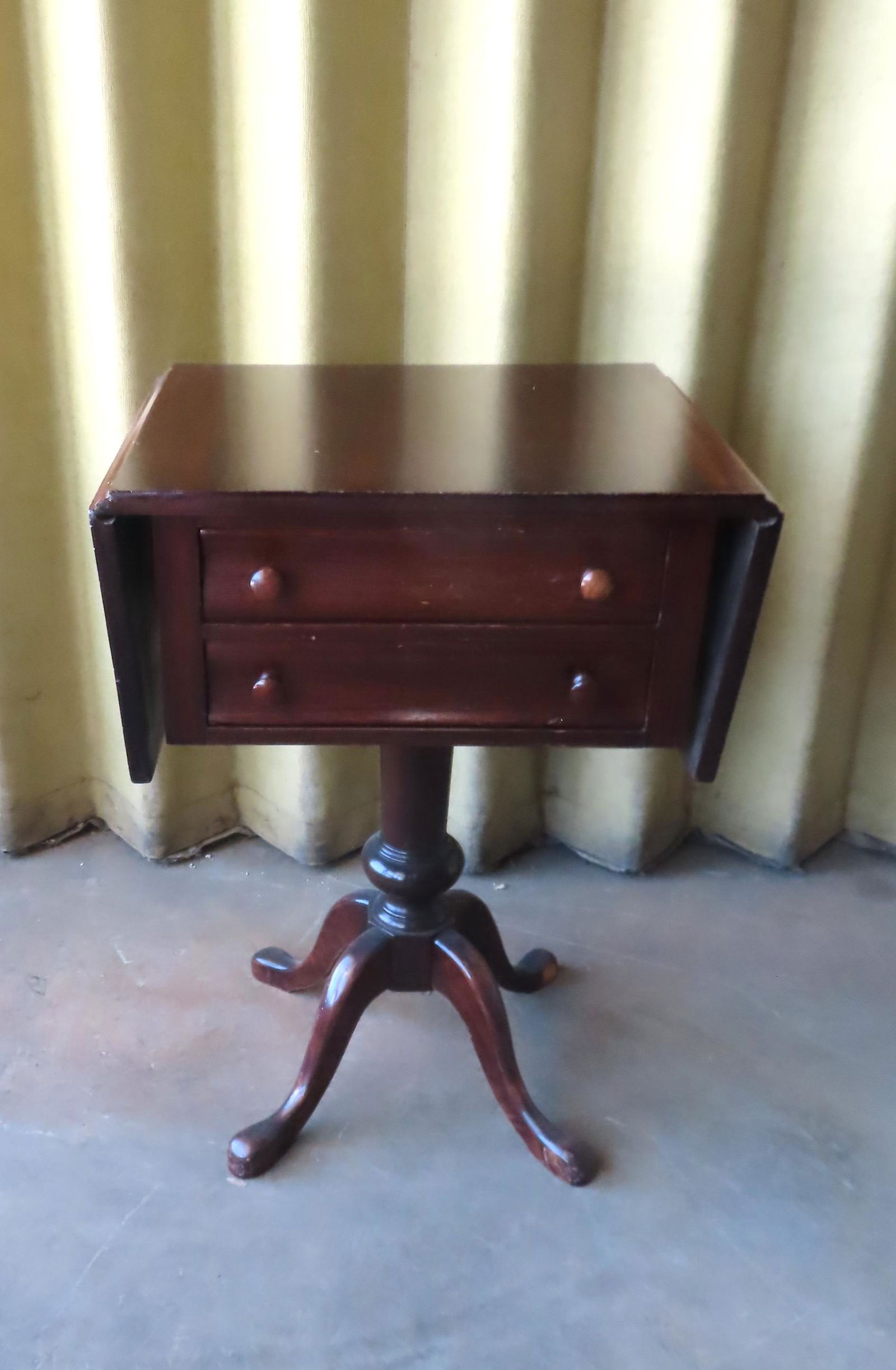 A mahogany Queen Ann style 2 drawer drop leaf sewing stand. Some surface abrasions, but overall good (1 of 3)