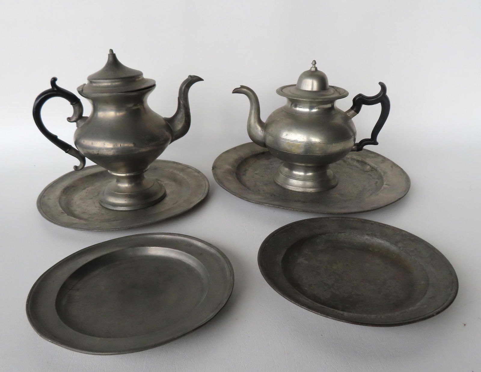Grouping of 6 pieces of early pewter, most unmarked, includes: 2 teapots - the largest 9 1/4"H x (1 of 11)