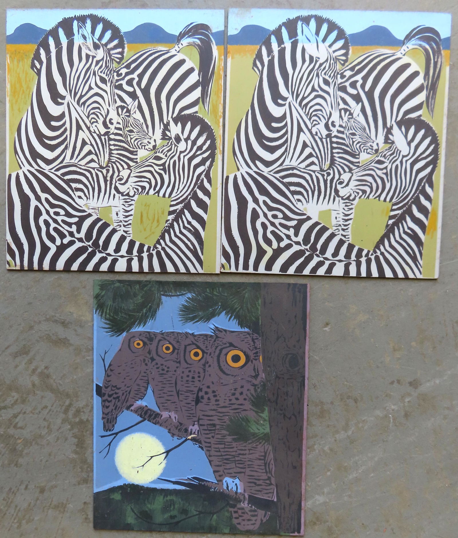 Three Walter Addison stenciled and hand painted artworks on Masonite panels,  including 2  zebras (1 of 3)
