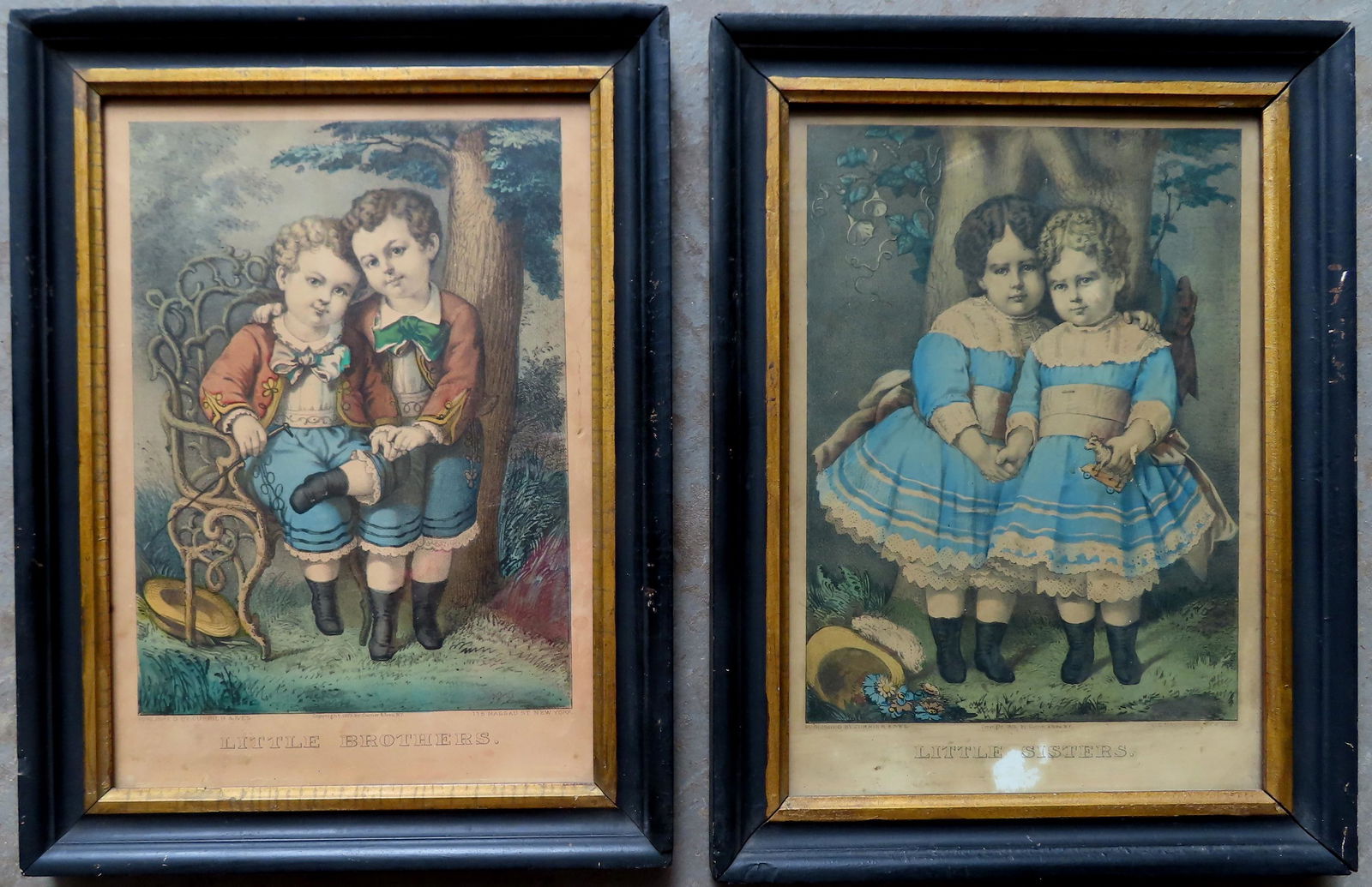 Two original hand colored Currier & Ives lithographs titled "Little Brothers" and "Little Sisters", (1 of 4)