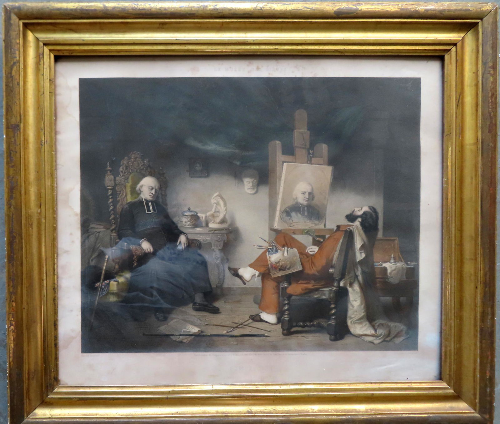 A hand colored 19th century lithograph depicting a sleeping artist and a sleeping sitter, titled (1 of 7)