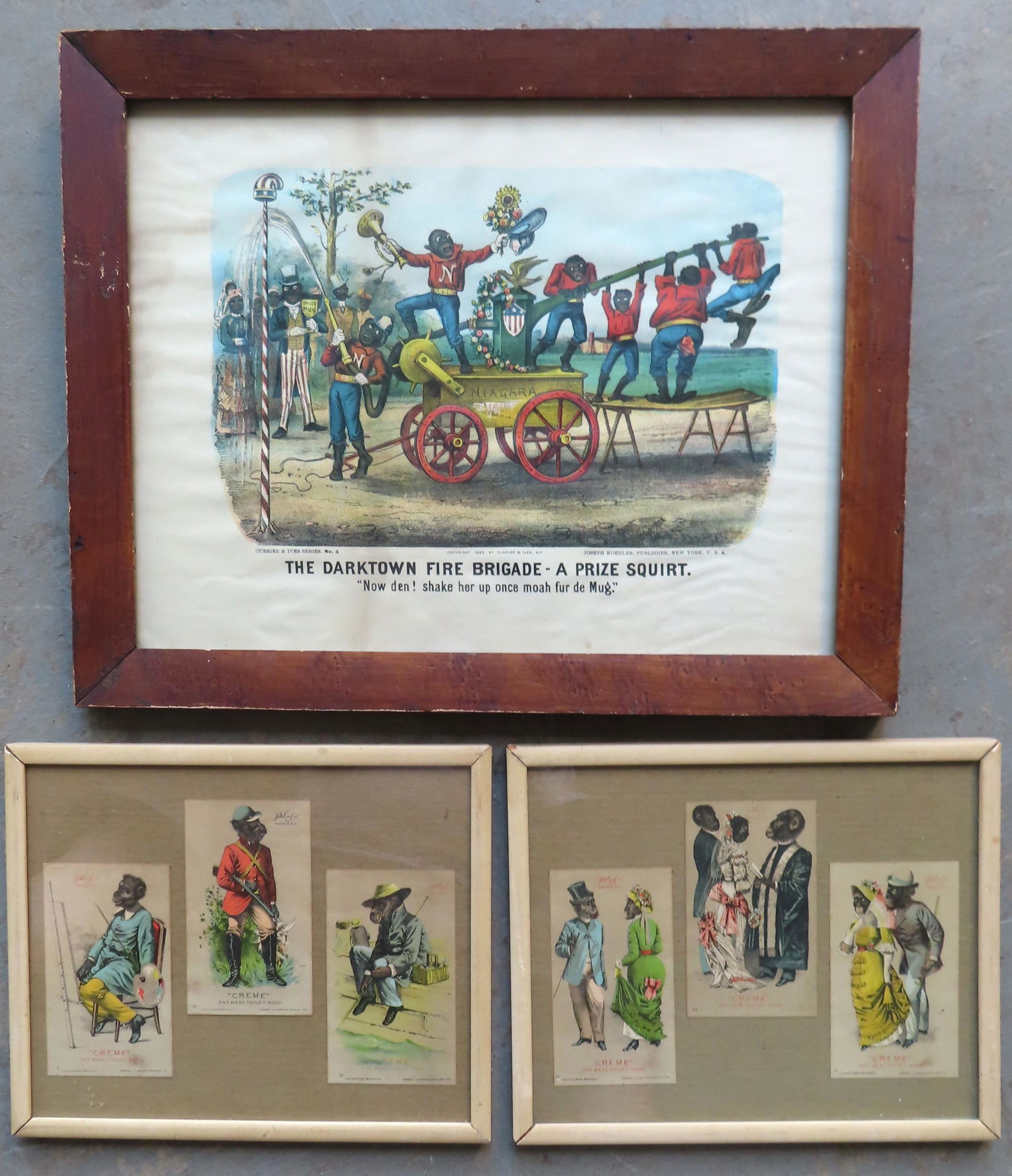 Seven 19th century prints including: Currier & Ives "The Darktown Fire Brigade - A Prize Squirt." (1 of 5)