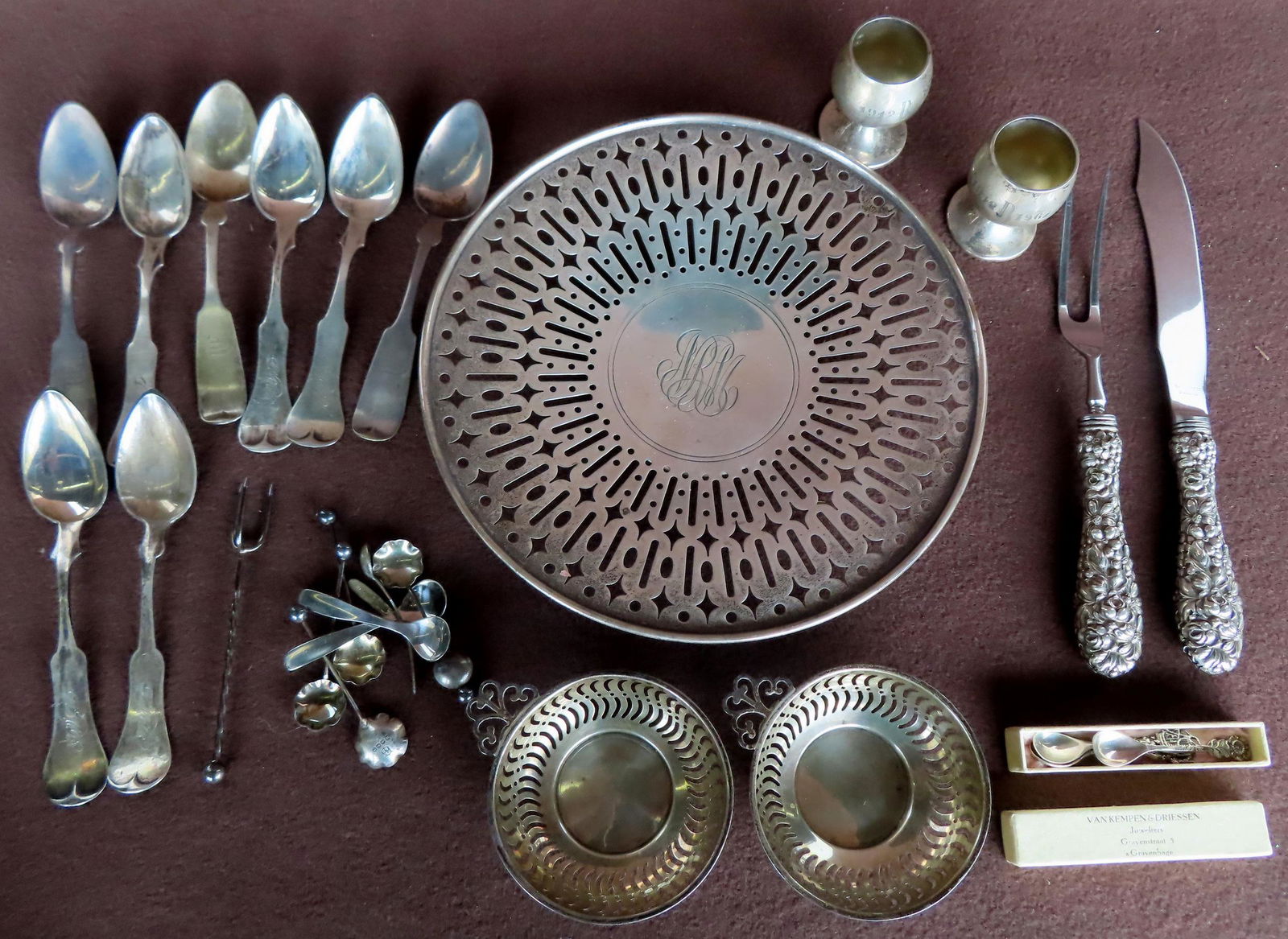Grouping of mostly sterling silver including: 2 sterling cordials (or salts) engraved "1942 B 1967" (1 of 9)