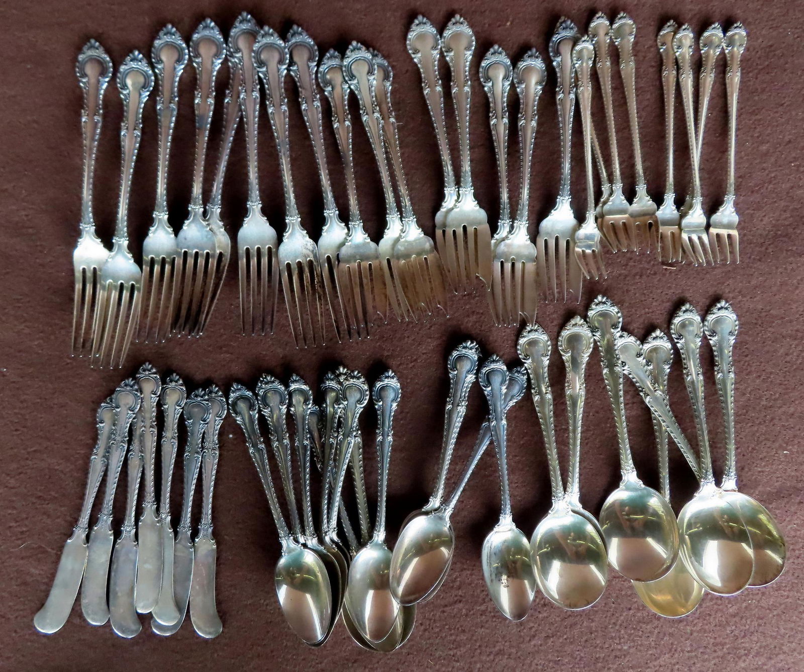 Partial Gorham sterling silver "English Gadroon" pattern flatware set, 49 pieces, consisting of 12 (1 of 8)