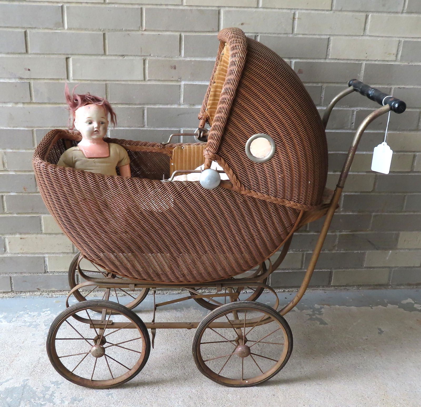 Vintage faux wicker doll carriage signed "O.W. Siebert / Gardner Massachusetts", with adjustable (1 of 7)