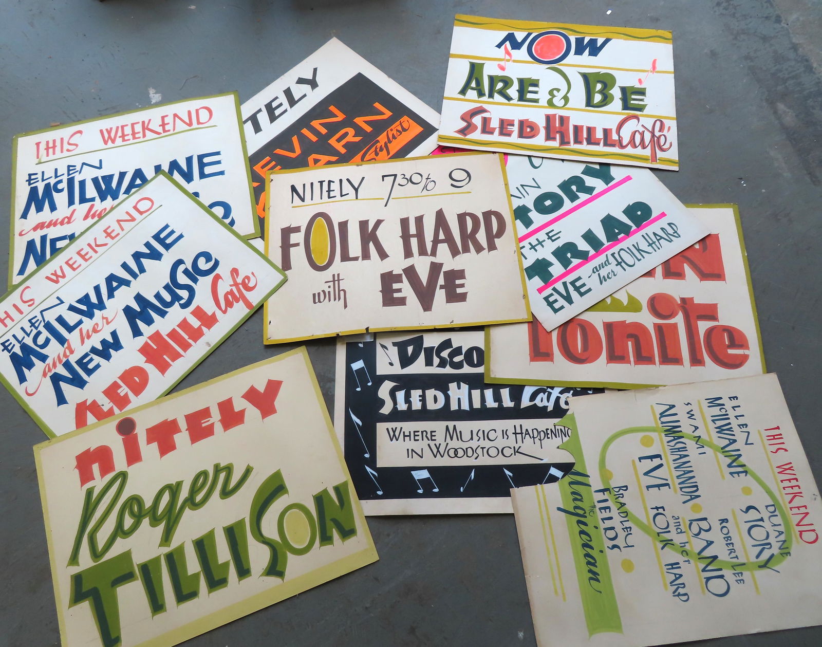 A rare grouping of 9 Woodstock NY original poster artworks for the "Sled Hill CafÃ©", circa 1960, in (1 of 11)