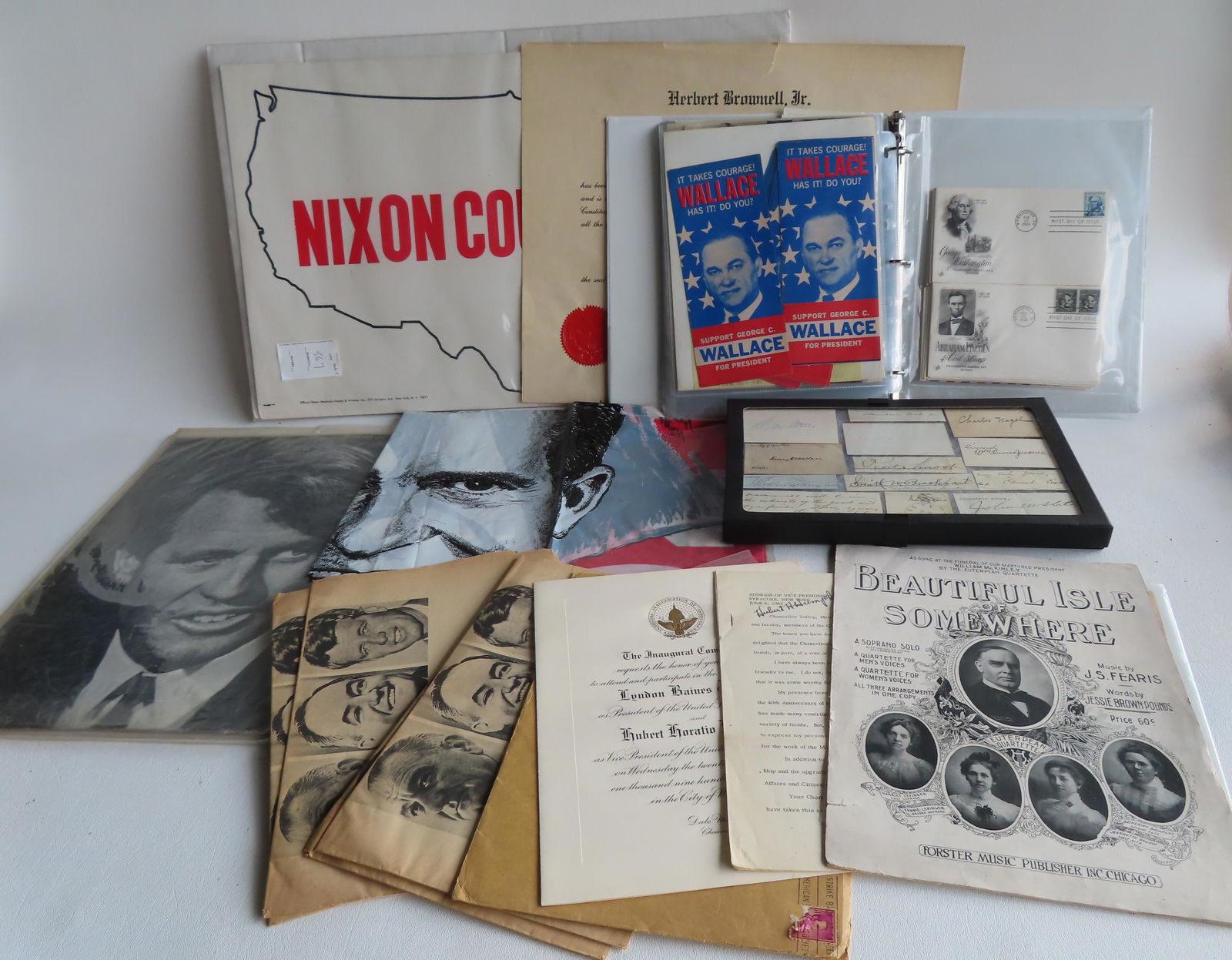 Grouping of political ephemera and politician autographs including signatures on cards, documents, (1 of 18)
