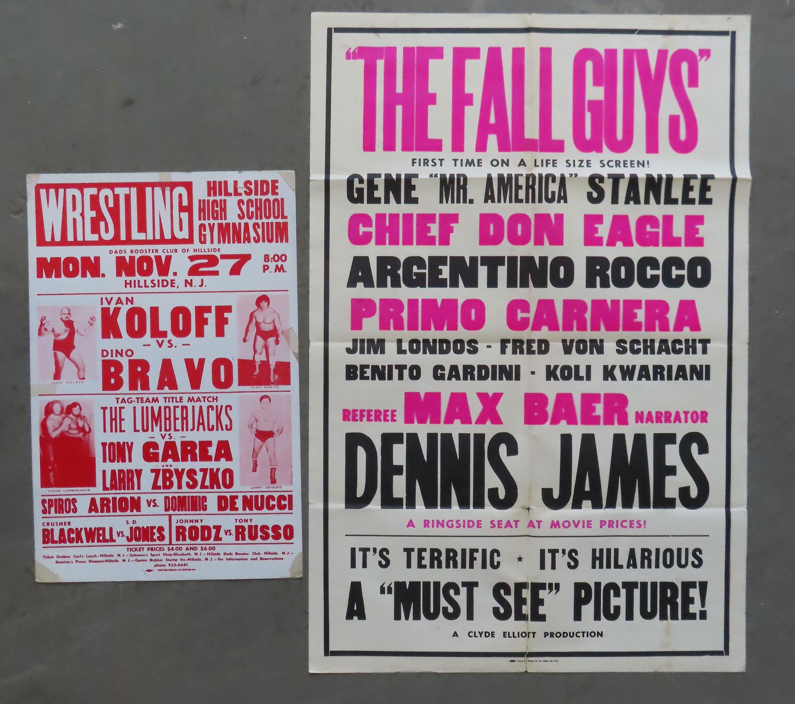 Two pro wrestling advertising posters. The first,  "The Fall Guys" , an original 1953 fold-out movie (1 of 3)