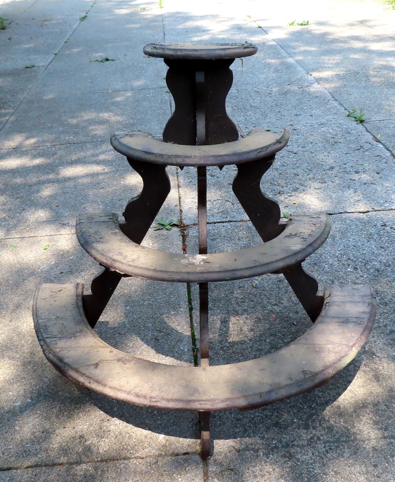 A primitive wooden 1/2 round plant stand, layers of old paint, late 19th century - some repairs, (1 of 3)