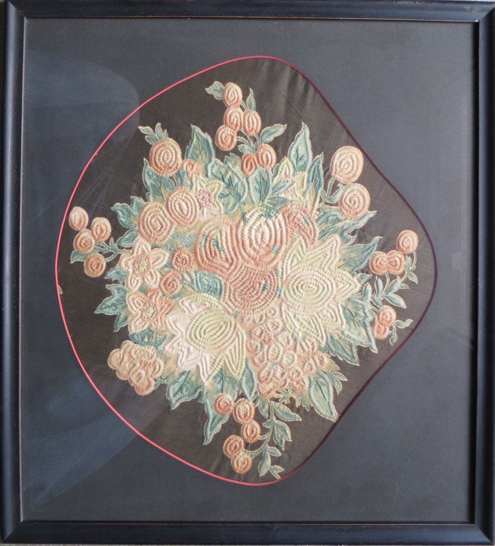 Two needleworks including fine hand quilted printed: Two needleworks including fine hand quilted printed floral fabric, late 19th century (framed 13.5" x 15.5"), together with an unframed hand stitched towel, probably mid-19th century with staining - 16