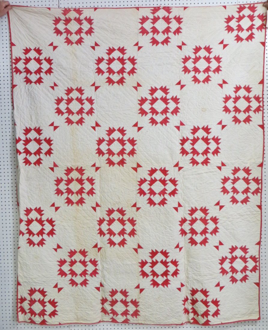 Patchwork quilt - red & white - similar to bear paw: Patchwork quilt - red & white - similar to bear paw pattern - some fraying around edges. Provenance: Estate of John Whiteford, Wassaic NY.