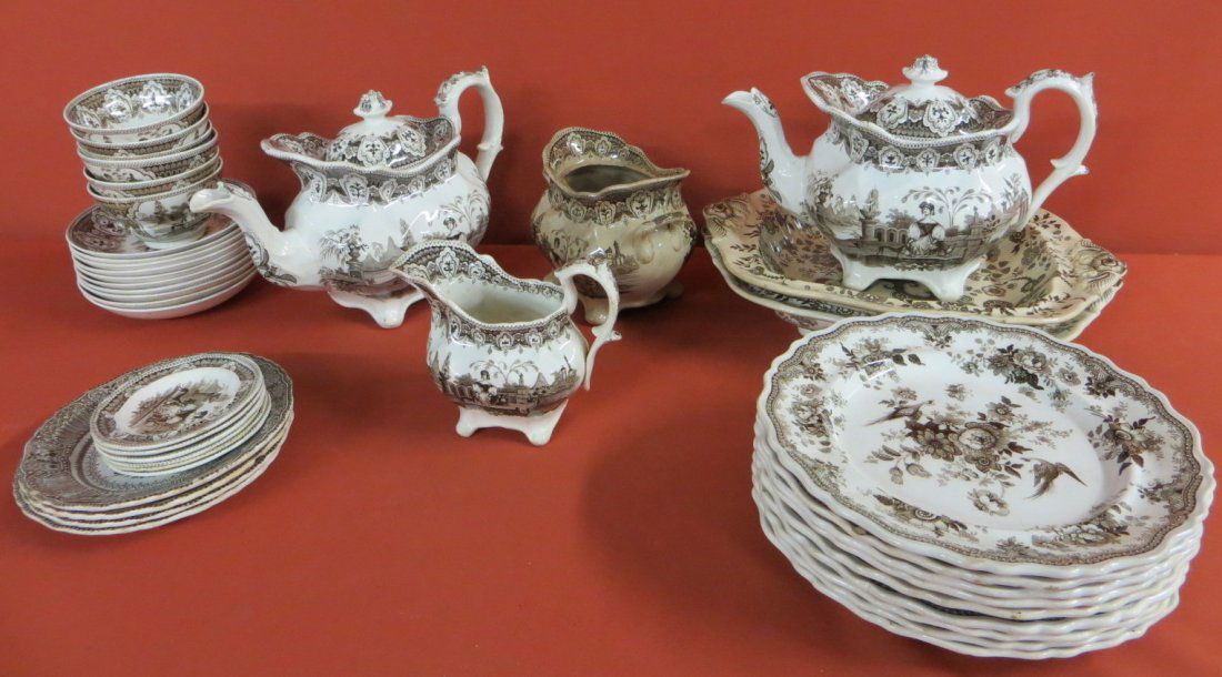 Forty one pieces of early mulberry transferware ch: Forty one pieces of early mulberry transferware china including nine 9" Asiatic Pheasants pattern plates by R. Hall (3 with tiny glazing chips), 26 Favourite pattern pieces including 2 tea pots, cream