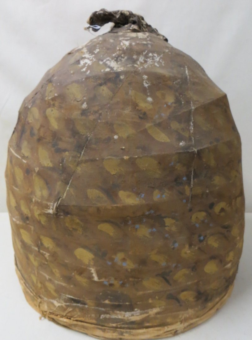 Hand made folk art beehive, wooden frame, covered: Hand made folk art beehive, wooden frame, covered in hand painted canvas, probably for Masonic ceremony. 19th century. 20"H. Some paint loss at pinnacle.