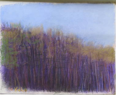 Wolf kahn - Abstract expressionist landscape.: Pastel - Abstract expressionist landscape - purple tree screen entitled "Purple Tangle" - 14" x 17" - signed Wolf Kahn (Wolf Kahn NY/VT born in 1927). Guaranteed authentic circa 1990's - Provenance: