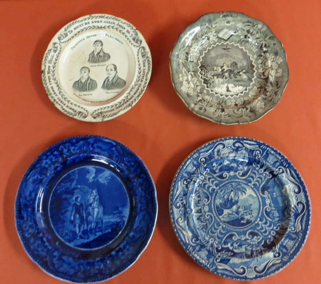 Four early plates including flow blue plate of Mar: Four early plates including flow blue plate of Mary, Joseph, Jesus signed Wood & Sons - 10.25", signed T. Hall blue/white Quadrupeds plate 9.75"D, mullberry Millenium plate "Peace on Earth" - 9"D, ear