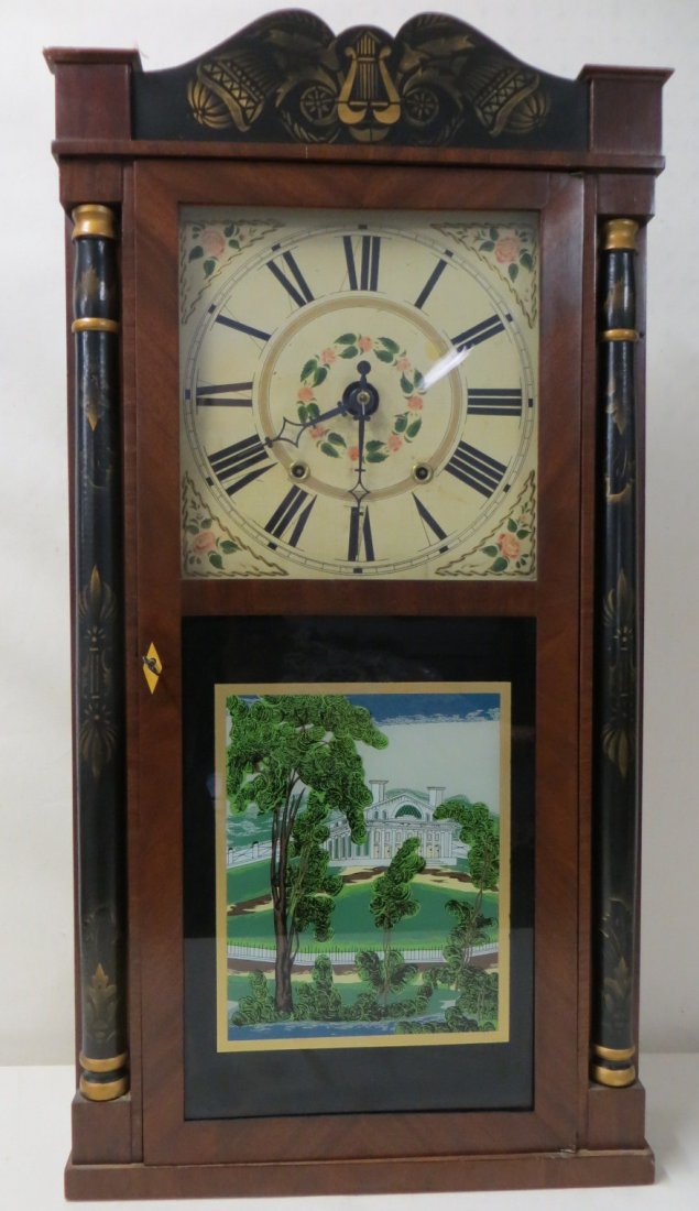 Stenciled shelf clock, with half columns, signed G: Stenciled shelf clock, with half columns, signed George Marsh & Co., Farmington CT. Note - replaced lower printed and hand colored tablet. Weight driven. All clocks sold as non-working.