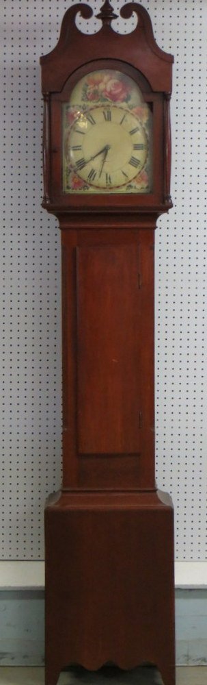 Hepplewhite cherry grandfather's clock with hand p: Hepplewhite cherry grandfather's clock with hand painted dial - case in cherry wood - dovetailed hood - brass works. 7' 6"H.