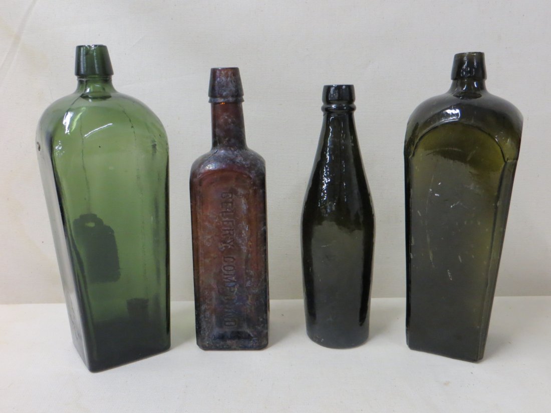 Four old bottles, green, brown, etc.: Four old bottles, green, brown, etc.