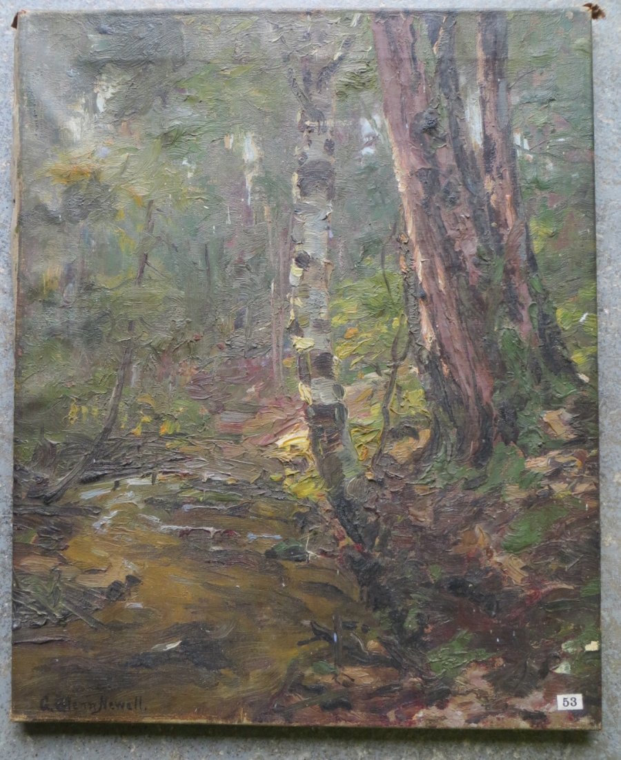 O/C Impressionist woods scene with trees and strea: O/C Impressionist woods scene with trees and stream signed G. Glenn Newell (NY/Michigan 1870-1947). 13" x 16". Provenance: Estate of John Whiteford, Wassaic NY.