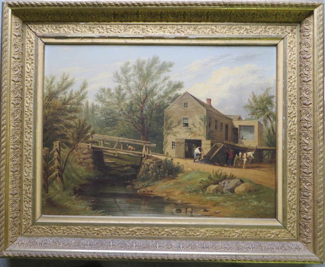 Large O/C Genre farm scene with farmers, horse and: Large O/C Genre farm scene with farmers, horse and cart, dog crossing bridge, etc. Signed W.R. Miller 1851 (Probably William R. Miller, American 1850-1923 . 18" x 24". Provenance: Estate of John White