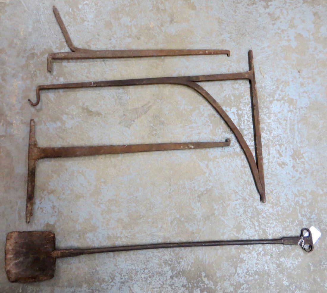 Three hand wrought fireplace cranes and 1 ram's he: Three hand wrought fireplace cranes and 1 ram's head fireplace peel.