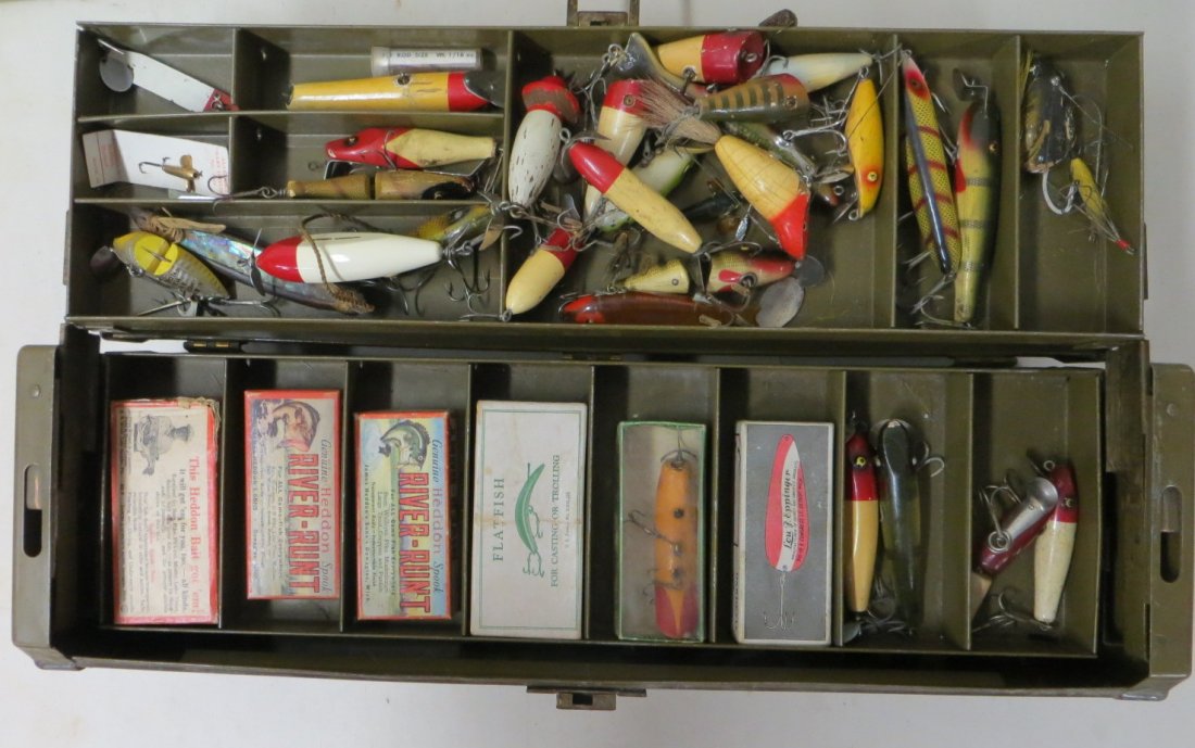 Box of old fishing lures, including many old plugs: Box of old fishing lures, including many old plugs, some in original boxes.