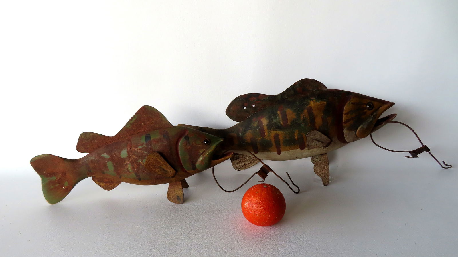 Two hand carved wooden folk art fish in original paint, and signed with impressed initial "RAF" (1 of 12)