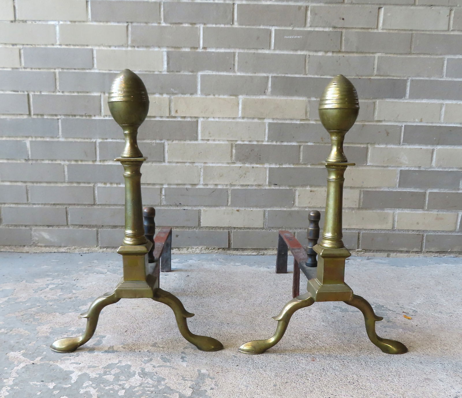 A pair of very fine American Chippendale brass andirons with brass log stoppers and acorn finials, (1 of 10)