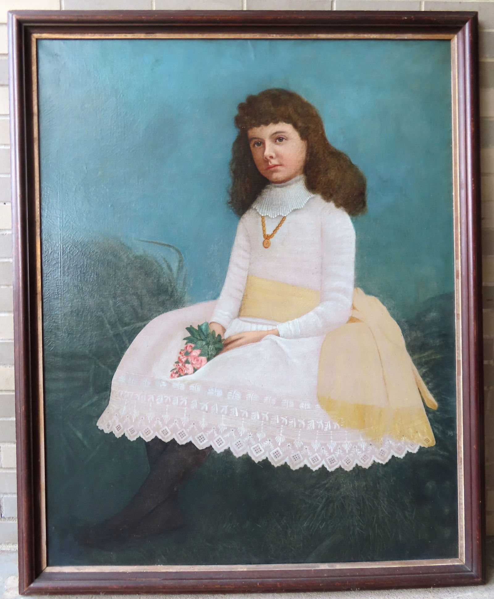 A large O/C full length portrait of a young seated girl in white dress holding roses, mid 19th (1 of 7)