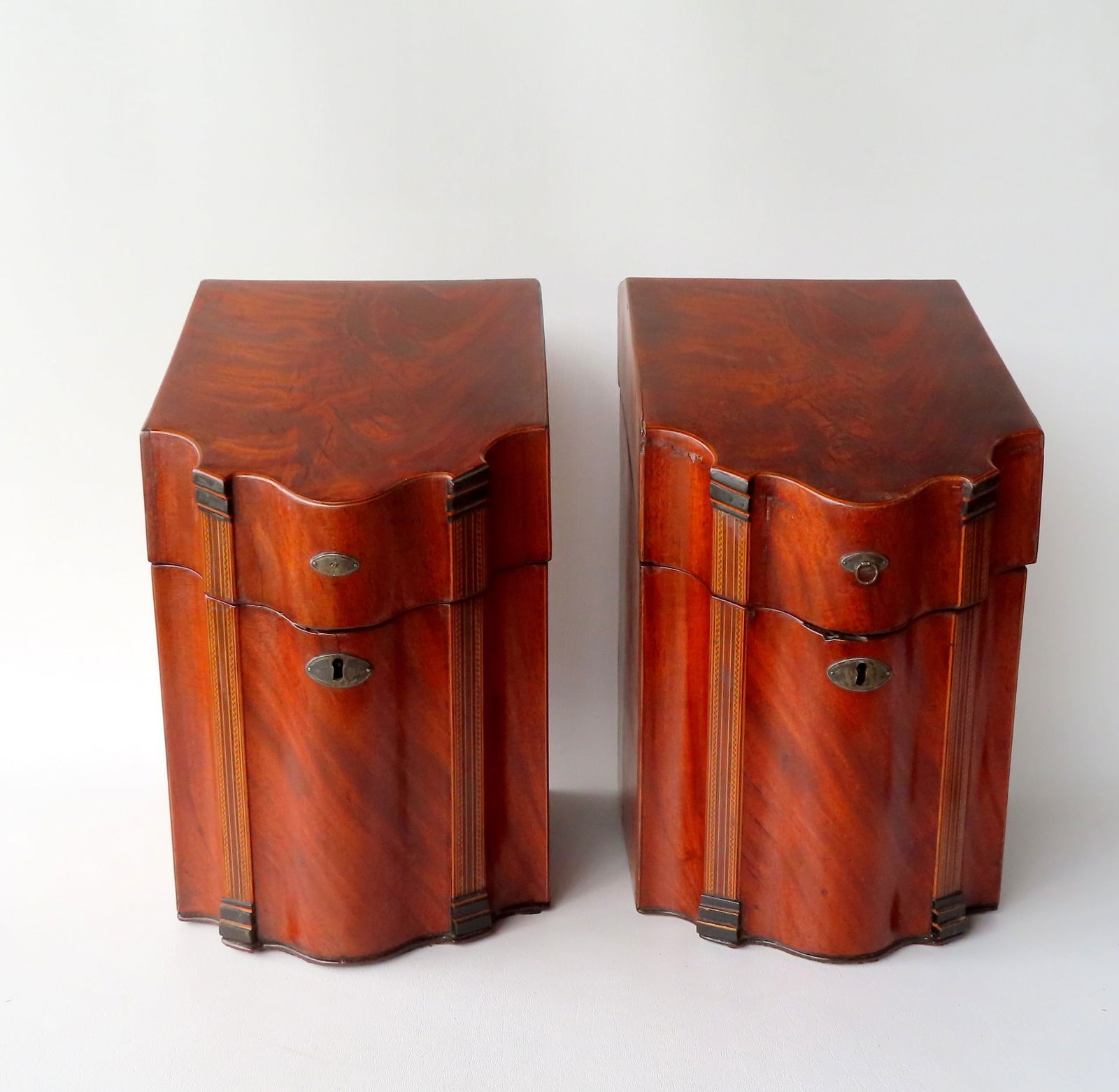 Pair of mahogany Chippendale knife boxes with checkered inlays and shaped fronts. Both missing (1 of 12)
