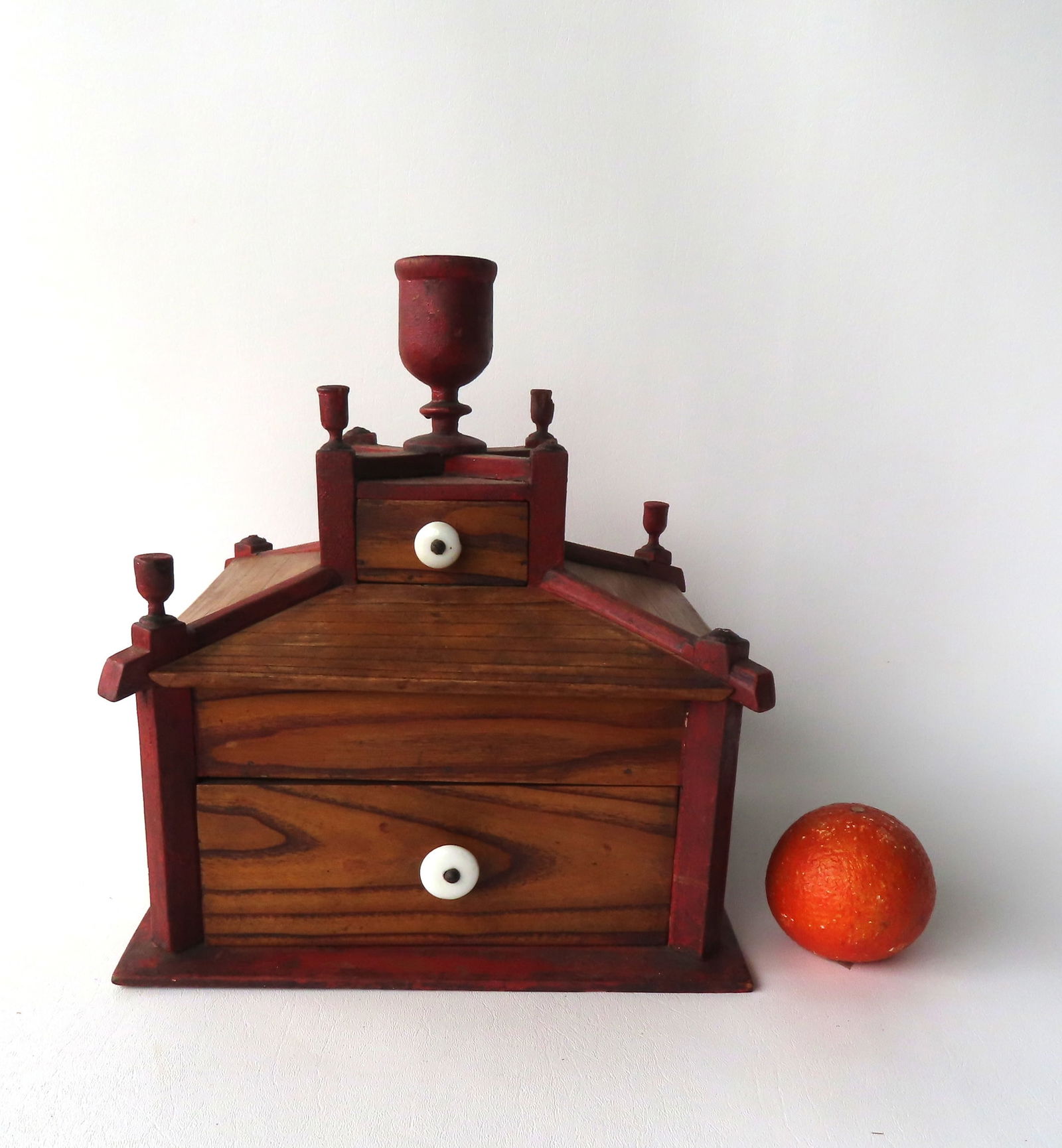 A folk art sewing box - the body and drawers in a natural varnish finish and the frame in original (1 of 13)