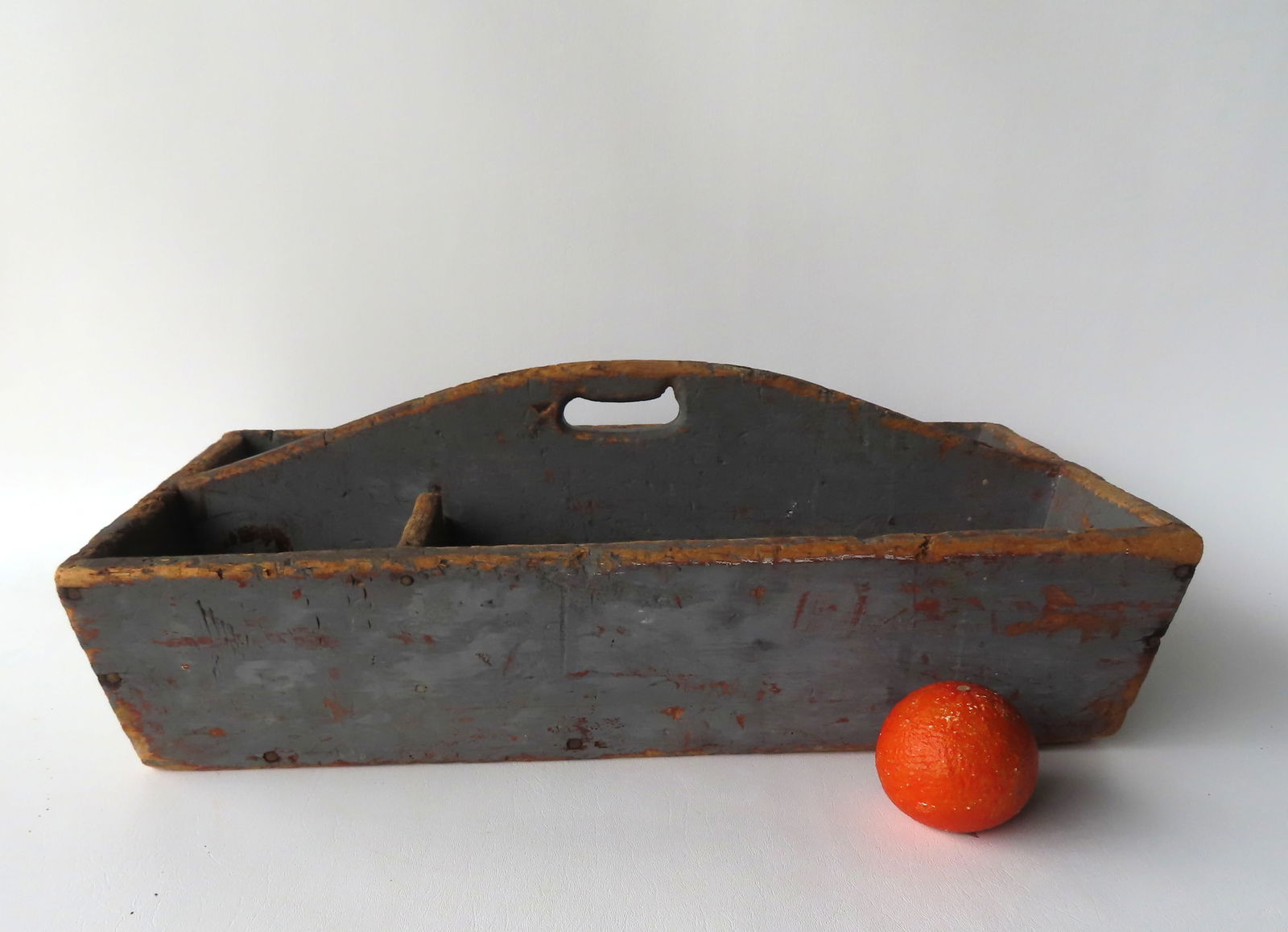 A primitive tool carrier in original blue-gray paint, mid 19th century. Square nail construction. (1 of 8)