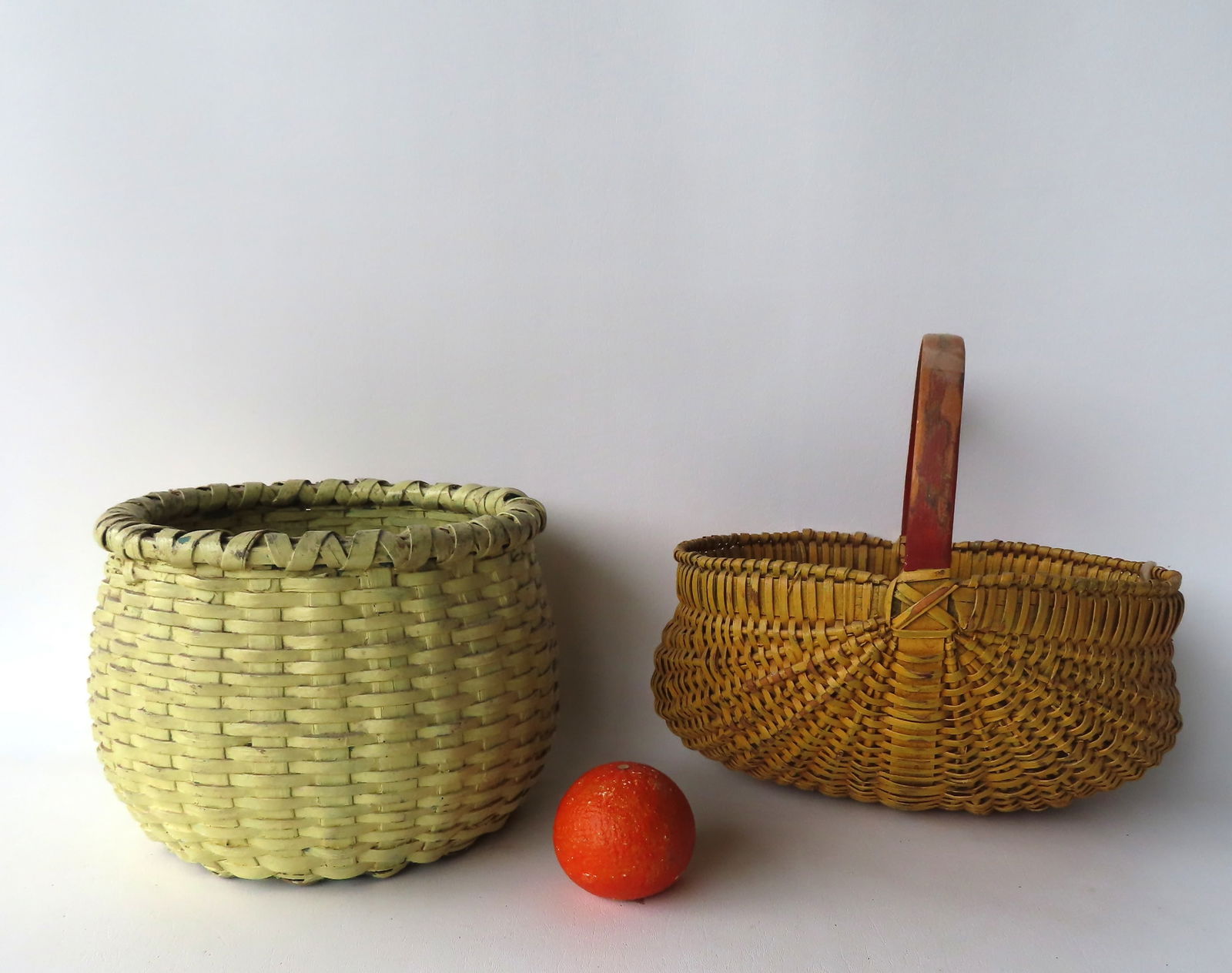 Two painted baskets including a melon basket in yellow paint that appears to be old, but not (1 of 13)